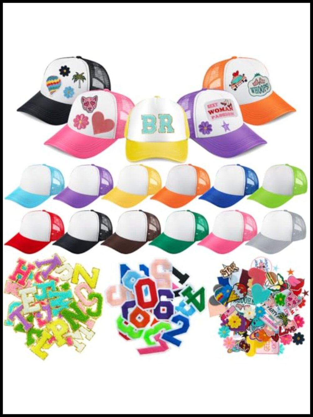 DIY Trucker Hat Kit 12 Sublimation Blank Caps 120 Patches Craft Set